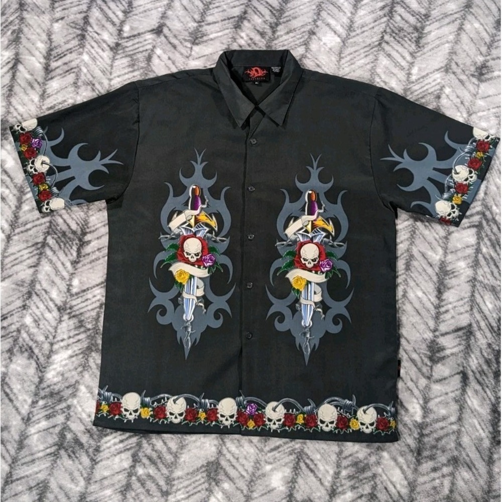 Vtg Y2K D Clothing Flame Skull Sword Floral Button Loop Collar Camp Shirt XL